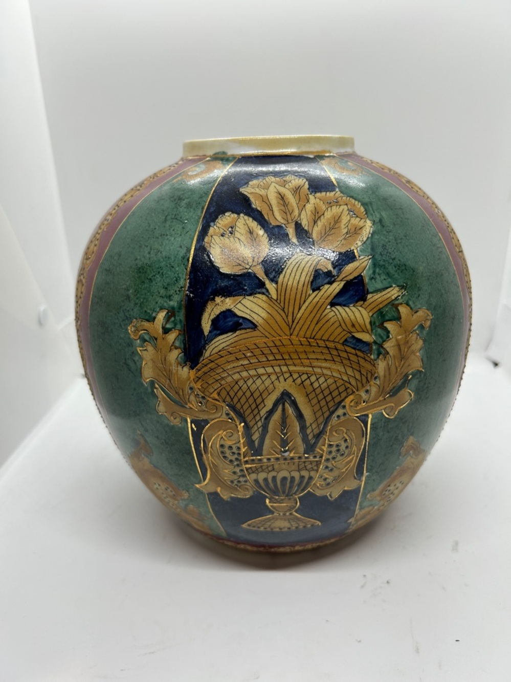 Vintage Decorative Floral Globe Vase in Green, Navy & Gold - Picture 4 of 11